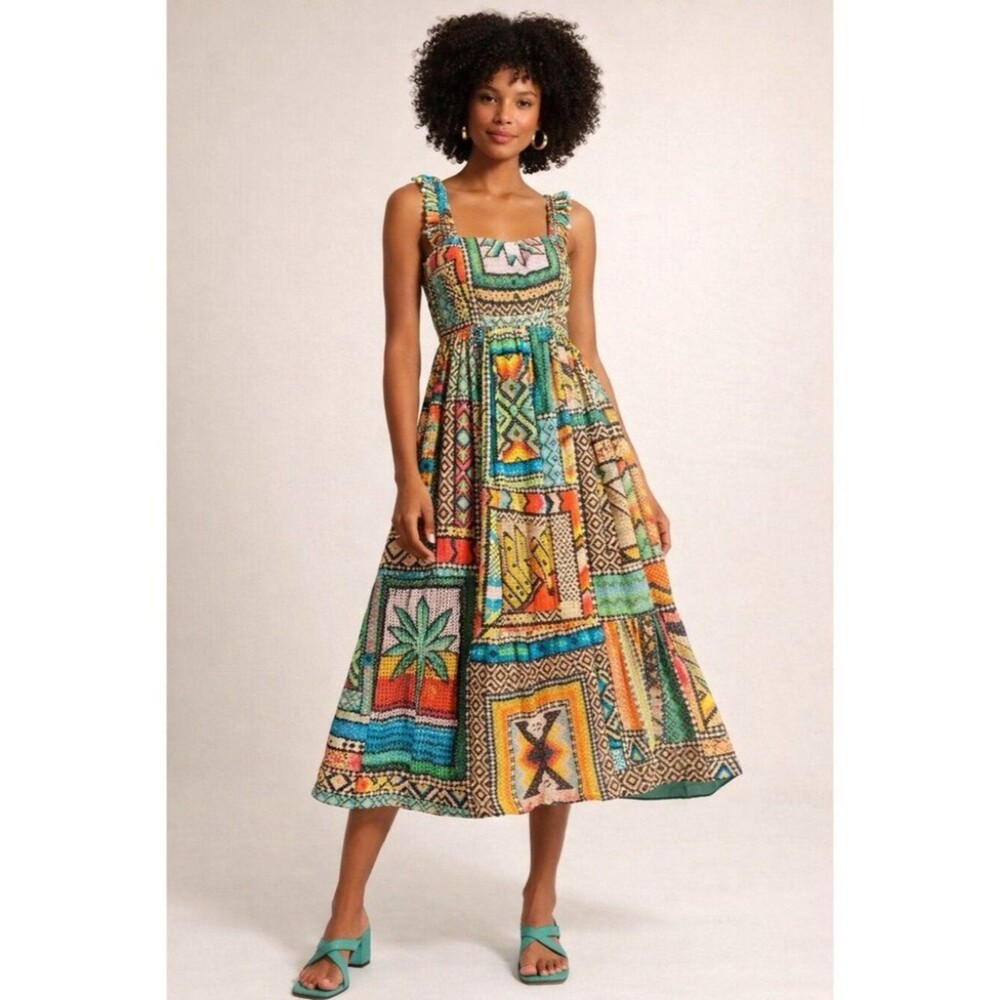 Farm Rio Banana Scarves Dress Boho Sundress Cottagecore Eclectic Summer Resort S